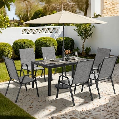 Pamapic Outdoor Dining Sets for 6, Rectangular Steel Slat Table with 6 Textilene Chairs, 7 Piece Patio Table and Chairs Set with…