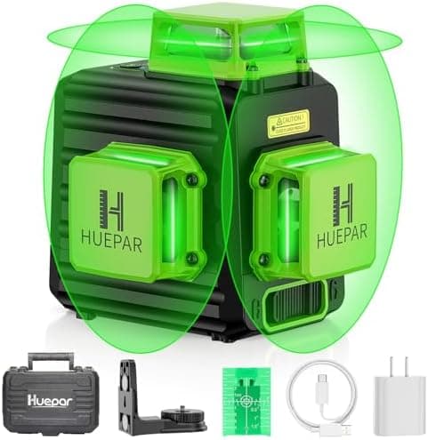 HUEPAR Laser Level 360 Self Leveling, Rechargeable 3D High Brightness Green Laser 3x360° Best Laser…