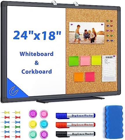 maxtek Combination White Board & Bulletin Cork Board 24 x 18 Whiteboard Magnetic, Combo Dry Erase Board with Black Aluminum…