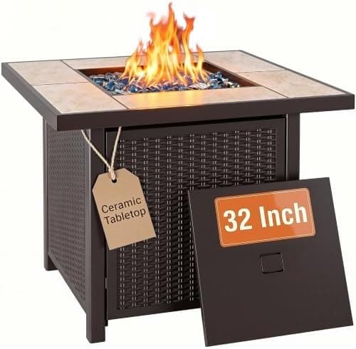 BALI OUTDOORS Propane Gas Fire Pit Table 32 inch 50,000 BTU Square Gas Firepits for Outside, Brown