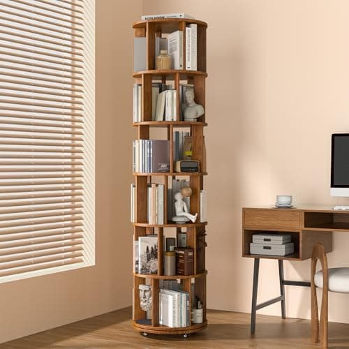 6 Tier Solid Wood Rotating Bookshelf on Wheels, 360° Spinning Book Shelf Tower, Round Revolving Bookcase Organizer, Rolling…