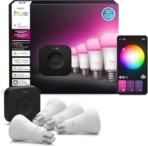 Philips Hue Starter Kit: Bridge Pro + 4 A19 E26 Smart Bulbs, White & Color Ambiance, Dimmable, Smart Light…