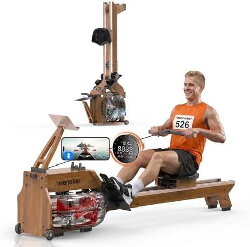 Water Rowing Machine for Home Use, WENOKER Wooden Foldable Rower Machine with Dedicated Monitor & Bluetooth APP, Large Water Tank…