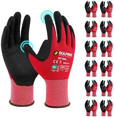DULFINE Safety Work Gloves for Men & Women, MicroFoam Nitrile Coated Nylon Black Grip for General Purpose, 3/6/12/36 Pairs