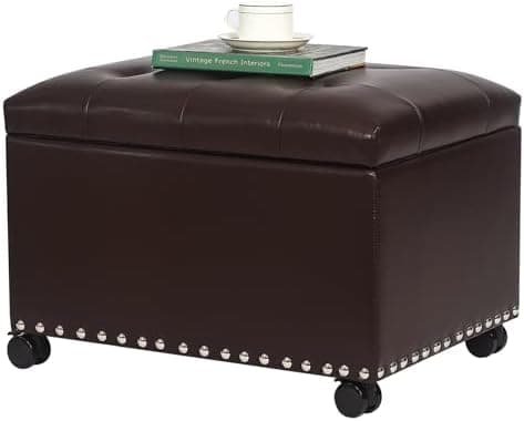 Joveco Leather Storage Ottoman with 360° Caster Wheels 24" Foot Rest Bench Rectangle Ottomans Stool for Living Room Bedroom…