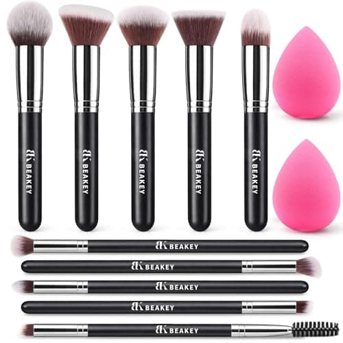 BEAKEY Makeup Brushes Set, Professional Foundation Eyeshadow Concealer Blush Powder Bronzer Applicator, 2 Blender Sponge with…