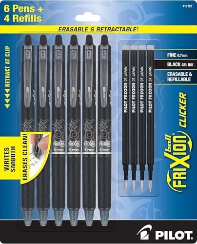 PILOT Frixion Erasable Pens, Fine Point 0.7mm Pack of 6 Black Retractable Ink Pens + 4 Bonus Refills