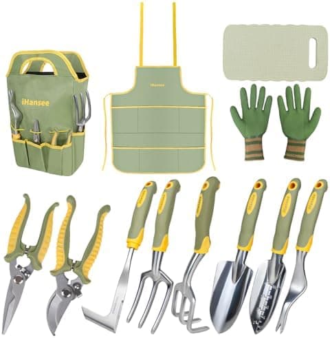 Set of 12 Garden Tool, iHansee Heavy-Duty Aluminum Gardening Hand Tools with Rubber Non-Slip Handle, Garden Apron, Gloves…