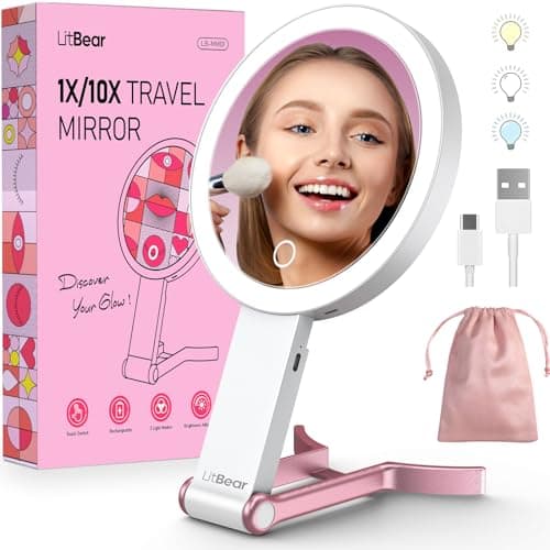 LitBear Travel Makeup Mirror with Lights, Rechargeable Double-Sided 10X/1X Magnifying Mirror…