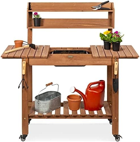 Best Choice Products Mobile Garden Potting Bench, Outdoor Wood Workstation Table w/Sliding Tabletop, 4 Locking Wheels, Food Grade…