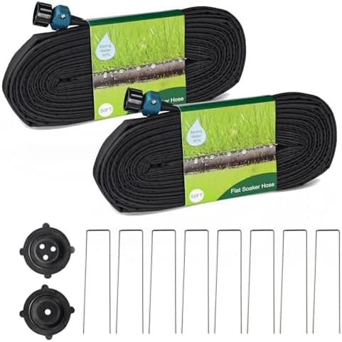 Hourleey Flat Soaker Hose 100 FT for Garden, 100' (50FT x 2) Linkable Consistent Drip Irrigation Hose, Leak-free Dual-layer…