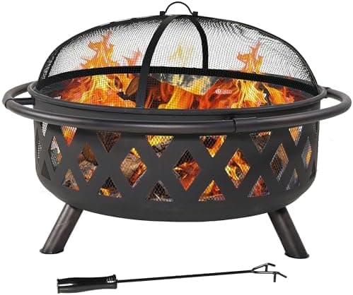 Sunnydaze Crossweave Outdoor Fire Pit - Wood-Burning Fire Pit for Outside with Spark Screen, Poker and Round Cover - 36-Inch…