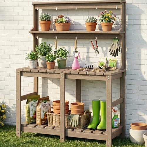 Outdoor Potting Bench with 3 Tier, All-Weather Patio Potting Table with Tool Hooks, HDPE Gardening Table for Backyard, Garden…