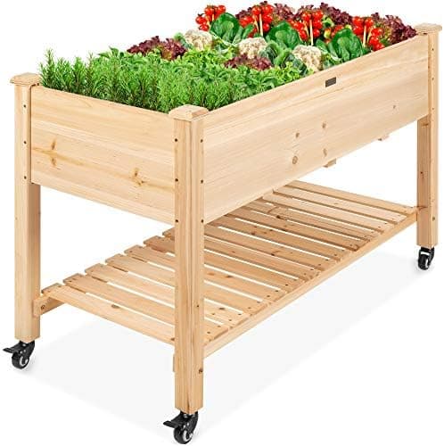 Best Choice Products Raised Garden Bed 48x24x32-inch Mobile Elevated Wood Planter w/Lockable Wheels, Storage Shelf, Protective…