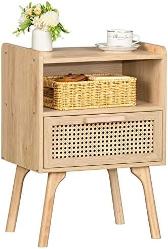 Lerliuo Rattan Nightstand, Boho Side Table with Drawer Open Shelf, Cane Accent Bedside End Table with Solid Wood Legs for…