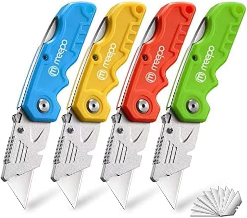 M MEEPO Box Cutter, 4-Pack Tough Folding Box Cutter for Heavy Duty Purpose, Razor Sharp Blade, Comfortable Handle, with Extra…