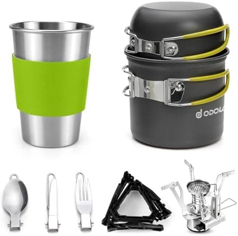 Odoland Camping Cookware Stove Carabiner Canister Stand Tripod and Stainless Steel Cup, Tank Bracket, Fork…
