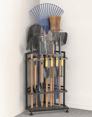 Garden Tool Organizer for Corner,Metal Yard Tool Organizer for Long-Handled Tools/Rakes/Brooms,Side Garden Pocket,Heavy Duty…