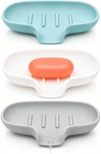 3 Pack Silicone Soap Dish with Drain, Bar Soap Holder for Shower/Bathroom, Self Draining Waterfall Soap Tray/Saver for Kitchen…