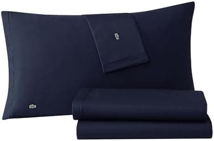 Lacoste 100% Cotton Percale 4-Piece Sheet Set – Crisp Cool Breathable All-Season Bedding, Oeko-Tex Certified, Soft Matte Finish…
