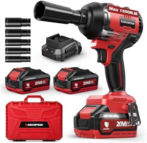 ARCCAPTAIN Cordless Impact Wrench, 1500N.m (1106Ft-lbs) 1/2" High Torque Impact Gun, 15C High-Rate 2x4.0Ah Batteries, 20V Power…