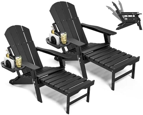 NAVINE Adjustable Adirondack Chair with Retractable Ottoman Set of 2, HDPE Folding Adirondack Chair with Cup Holder, All Weather…