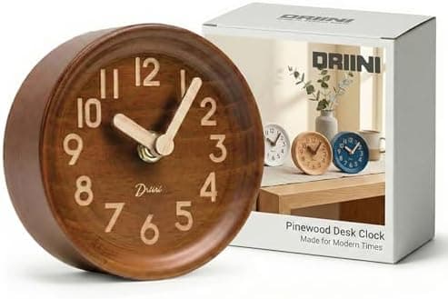 Driini Wooden Analog Desktop Clock – 4.3 in. Decorative Pinewood, No-Tick Design – Easy to Read Silent Sweep Mantle Clock – Quiet…
