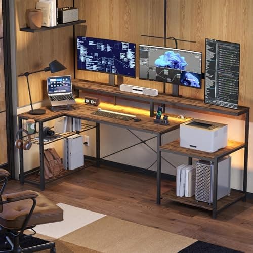 Bestier 71.5 inch Computer Desk with Power Outlets, L Shaped LED Home Office Desk with Long Monitor…
