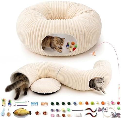 Cat Tunnel Bed with 40 Pcs Interactive Cat Toys, Cat Tube with Kitten Toys for Indoor Kittens, Collapsible Play Tunnel, White