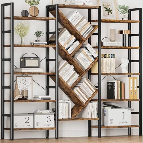 INNOD 70x70 Triple 5 Tier Book Shelf, Large Wooden Bookcase with 17 Open Display Shelf, Modern Tree Bookshelf Metal Frame Tall…