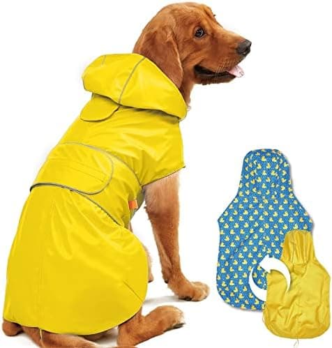 Kimee Dog Raincoat Reversible, Single Side Slicker Poncho Adjustable Waterproof Dog Rain Jacket with Leash Hole/Reflective Stripe…