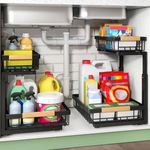 Kitstorack Under Sink Organizer, 2 Tier Under the Sink Storage, Slide out Pull out Cabinet Organizer Shelf, Metal Sliding Drawer…