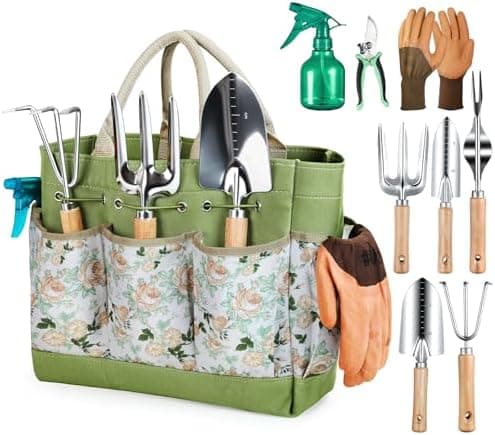 Grenebo Gardening Tools 9-Piece Heavy Duty Garden Hand Tools with Fashion and Durable Garden Tools Organizer Handbag, Rust-Proof…