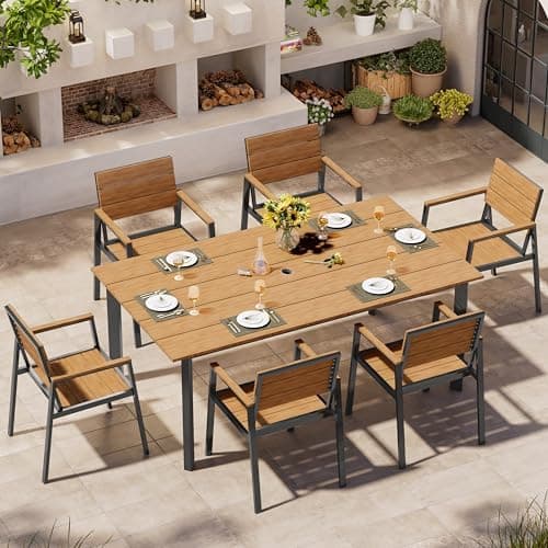 Outdoor Dining Set, Patio Table and Chairs Set with Umbrella Hole, 7 Pieces HDPS + Aluminum Patio Dining Furniture Set for…