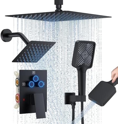 Shower Faucet Set, 12" Ceiling Mount Rainfall Shower System with 12'' Top Head+6'' Side Head and Multi-function Handheld Head…