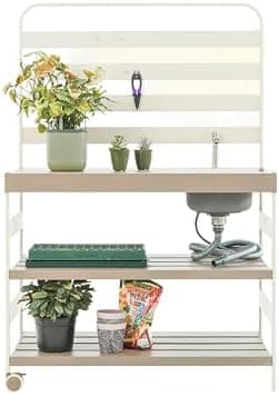 Vego Garden Metal Garden Sink Station, Gardening Potting Table Work Bench with Wheels, Garden Workstation with Removable Sink and…