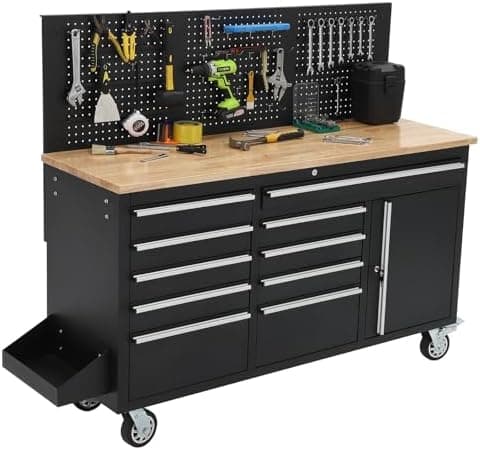 GAOMON 61-inch Rolling Tool Chest, 10 Drawers Garage Workbench Storage Tool Cabinet with Power Strip, Solid Rubber Wood Top, 1675…
