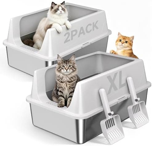 2 Pack XL Stainless Steel Litter Box with High Sides Shield for Multi…