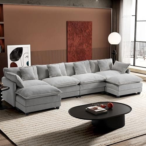 Ihanherry 146" U-Shaped Modern Sofa Modular Sectional Cloud Couch with 2 Ottoman, 6-Seat Chenille Deep Seat Sofa with 6 Pillows…