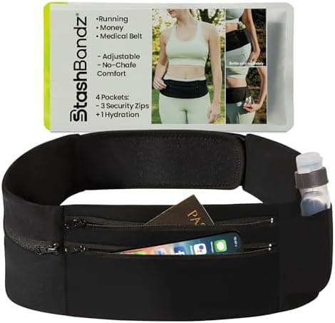 Stashbandz Adjustable Running Belt - 3 Zippered Pockets + Water Bottle Holder, No-Bounce Travel Money Belt –…