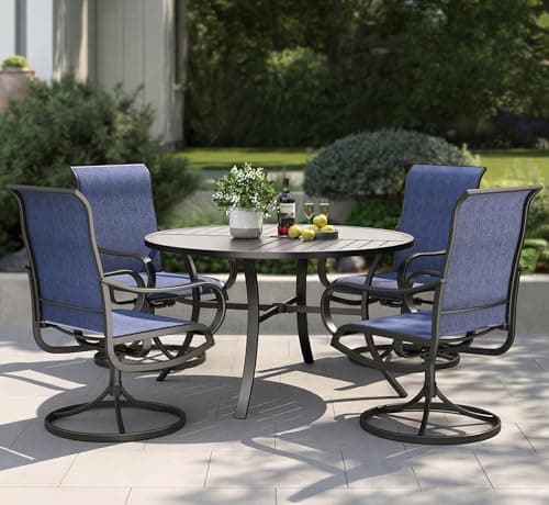 PHI VILLA 5 Piece Patio Dining Set with 4 Outdoor Swivel Dining Chairs & 1 Large Round Dining Table, All Weather Blue Textilene…