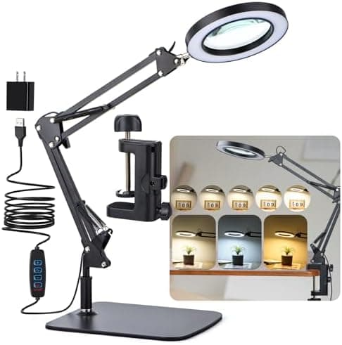 LED Magnifier Desk Lamp with Stand and Clamp, 3 Color Modes & Stepless Dimming 5-Diopter Glass Lens…