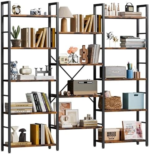 Shintenchi Triple Column 5 Tier Bookshelf, Industrial Large Bookcase Display Shelves, Large Etagere Bookshelf,Wide Book Shelf…