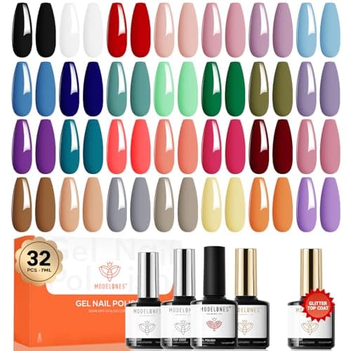 modelones 32 PCS Gel Nail Polish Set, 28 Colors Gel Polish with No Wipe Base Coat, Glitter & Glossy…