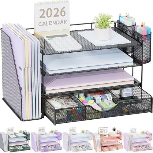 gianotter Desk Organizers and Accessories with File Holder, 4-Tier Desk Accessories & Workspace Organizers with Drawer and 2 Pen…