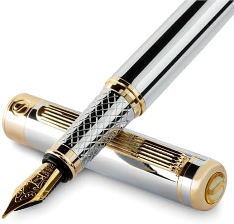 Scriveiner Silver Chrome Fountain Pen - Stunning Luxury Pen, Real Gold Finish Schmidt Gilded Nib (Medium)…