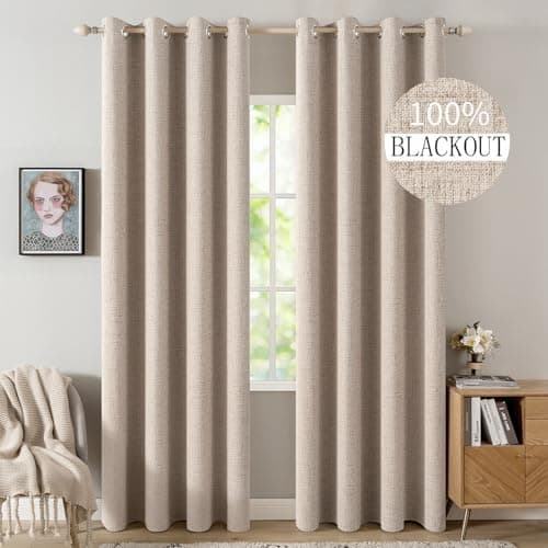 MIULEE 100% Blackout Linen Textured Curtains for Bedroom Solid Thermal Insulated Natural Beige Grommet Room Darkening Curtains &…