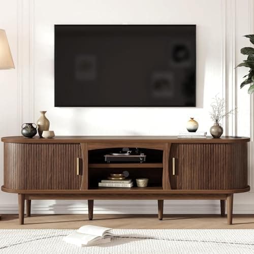 Decofy Mid Century TV Stand for TVs up to 65 Inches, Entertainment Center with Storage, Power Outlet, Fluted Sliding Doors &…