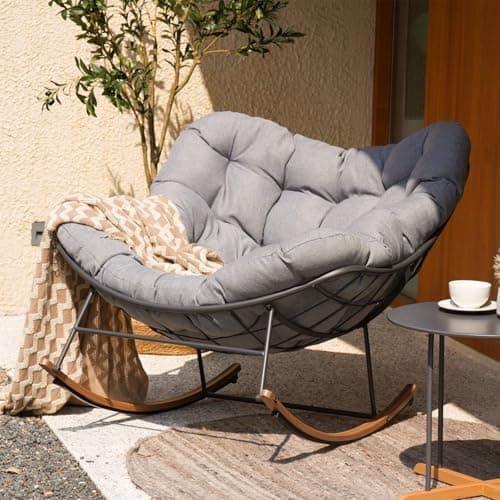 Grand patio Outdoor Rocking Chair, Oversized Papasan Rocking Chair with Thick Cushion, Indoor Outdoor Cozy Rocker for Balcony…