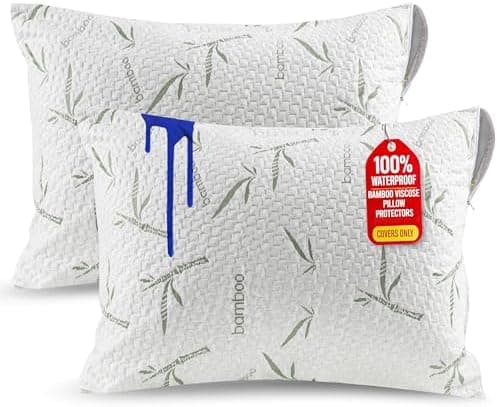 Utopia Bedding Waterproof Pillow Protectors with Zipper Queen Size (2 Pack), Soft and Cooling Bamboo Viscose Pillow Covers, Bed…